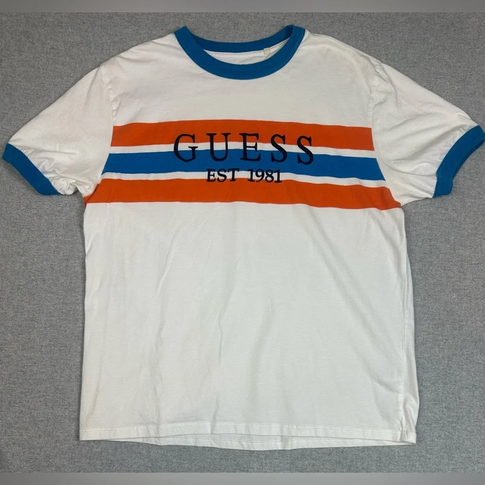 Guess Ringer T Shirt Mens Large Logo Retro 90s Y2K Blue Orange‎ - Picture 2 of 7